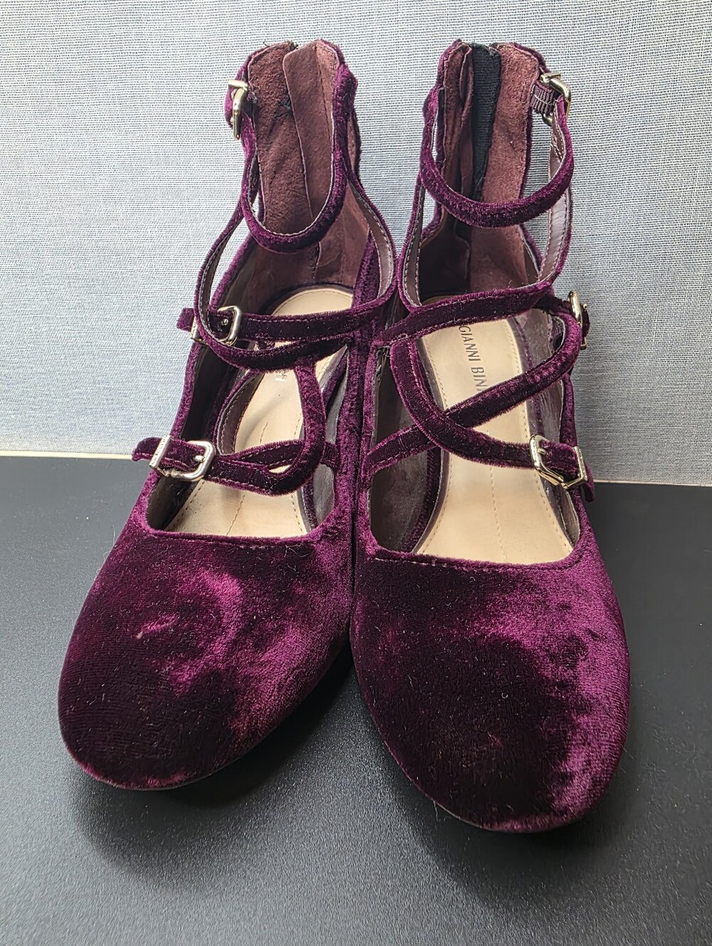 Gianni Bini Velvet Mary Jane - Gold Clasp Stappy Block Heel Deep Maroon Size 10